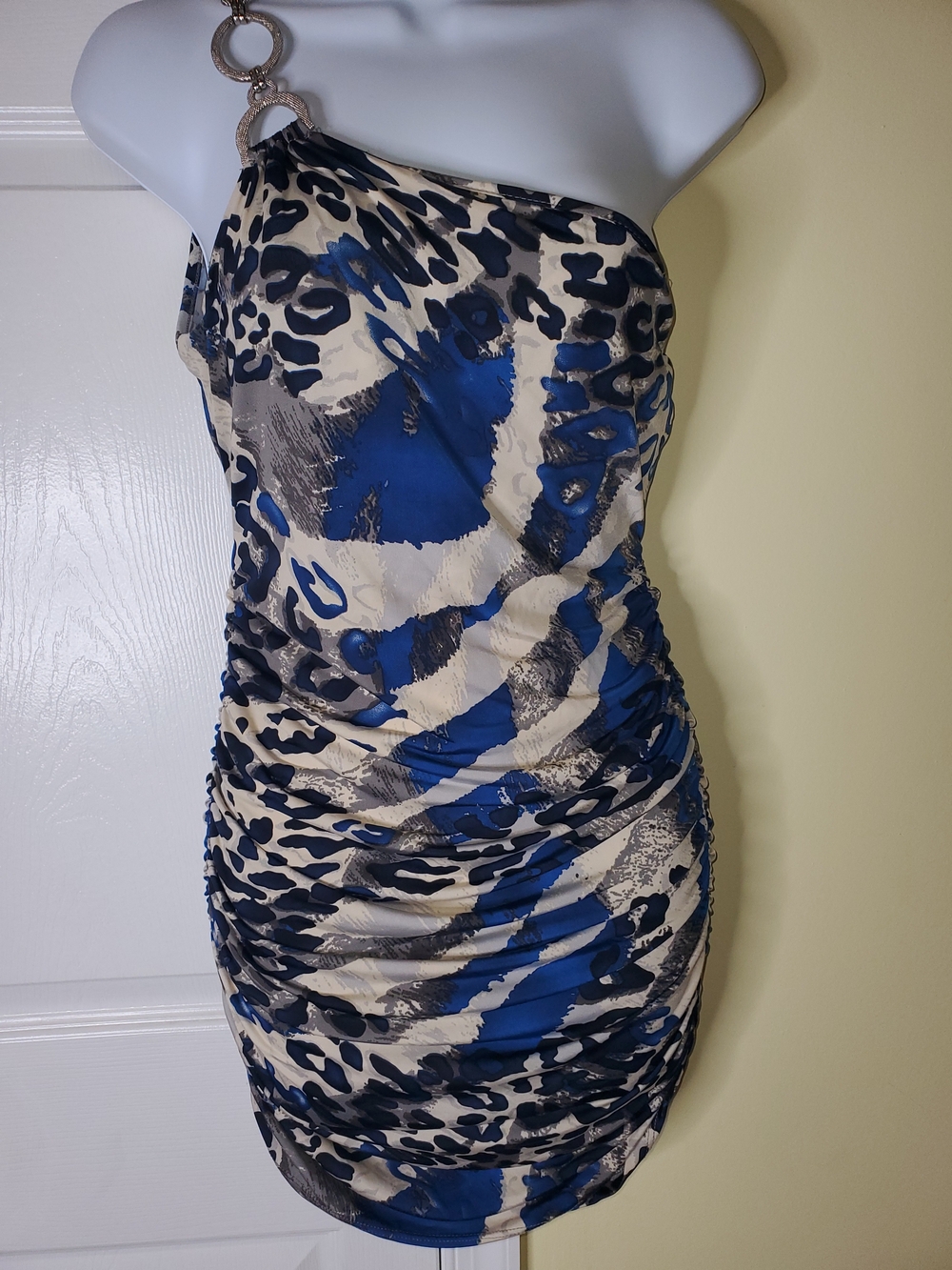 Misope One-Shoulder Ring-Detail Ruched Animal Print Mini Dress in Navy and Cream